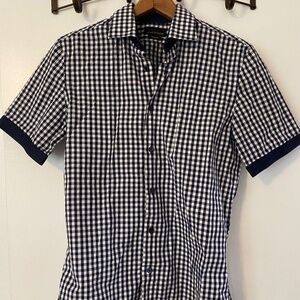 Zara Man Slim Fit Navy Blue/White short sleeve gingham button down Size Small